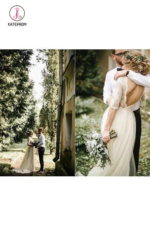 Puffy Half Sleeves Backless Wedding Dresses, Floor Length Long Beach Wedding Dress KPW0442