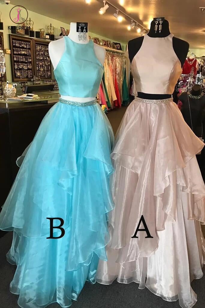 A-line Two Piece Peach Pink Jewel Sleeveless Open Back Floor-length Prom Dress KPP0336