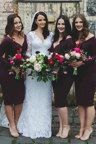 Knee Length Dark Purple Long Sleeve V Neck Sheath Bridesmaid Dress KPB0025