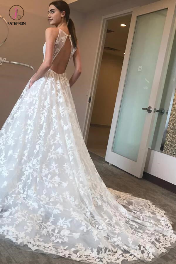 Spaghetti Straps Deep V-neck Sweep Train Lace Beach Wedding Dress with Pockets KPW0149