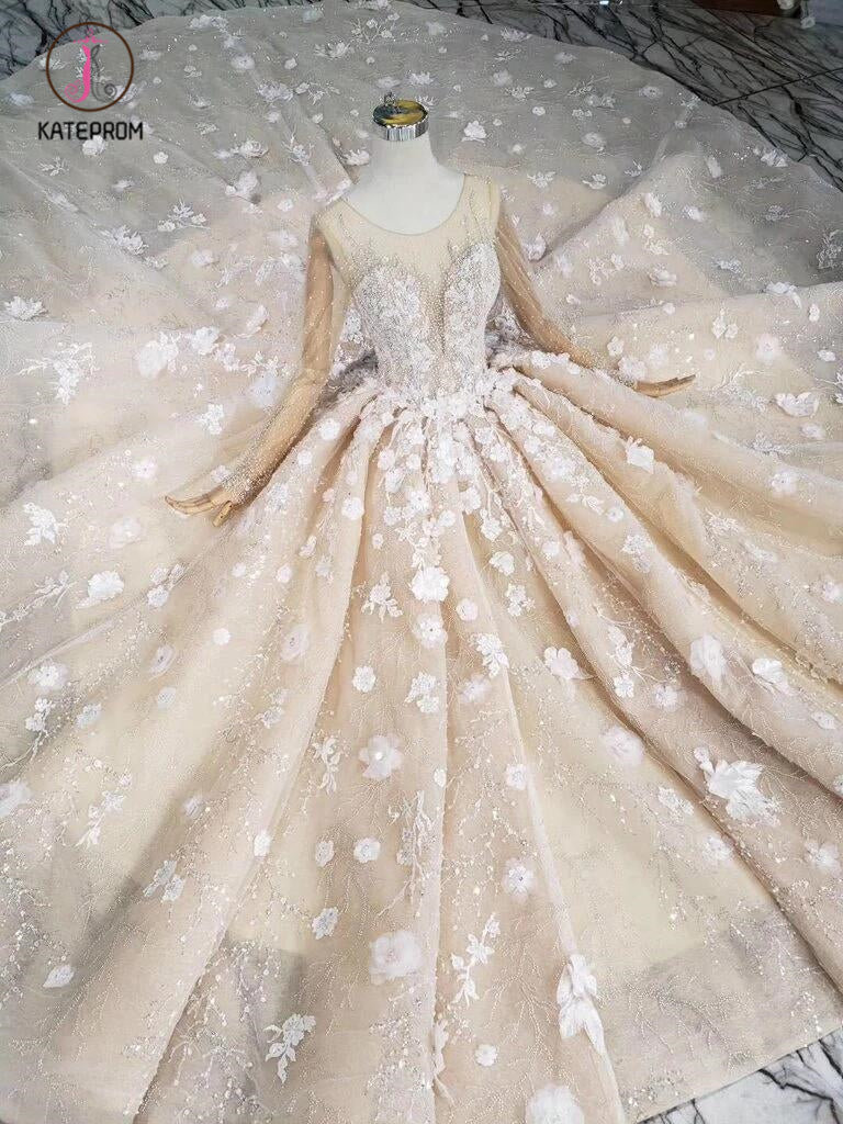 Princess Long Sleeves Ball Gown Wedding Dresses, Puffy Wedding Gown with Beads KPW0336