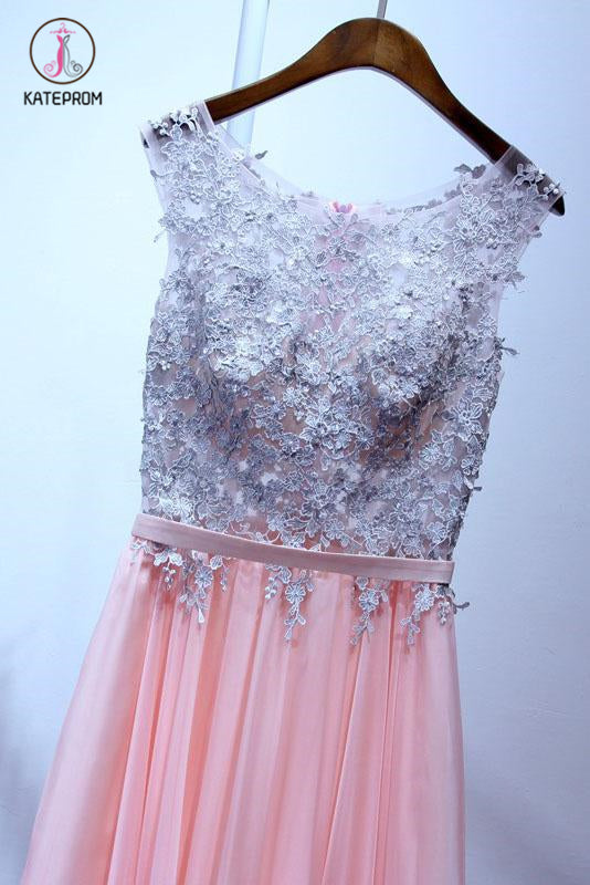 A Line Sleeveless Chiffon Long Appliqued Prom Dress, Pink Formal Dresses KPP0519