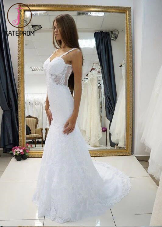 White Straps Open Back Lace Wedding Dress,Sexy Sweetheart Bridal Dress,Customized Bridal Gown KPW0047