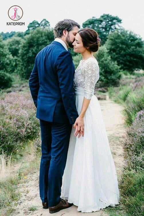 Floor Length 3/4 Sleeves Chiffon Beach Wedding Dress with Lace, Backless Bridal Dress KPW0411