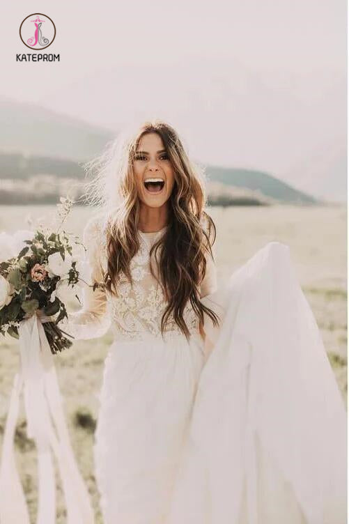 Long Sleeve Rustic Weding Dresses Lace Appliqued Ivory Chiffon Beach Wedding Dress KPW0409