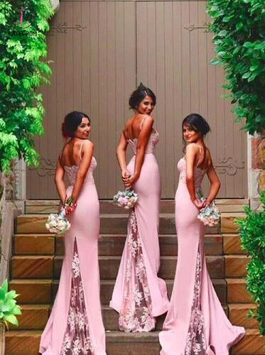Pink Gorgeous Spaghetti Straps Mermaid Lace Backless Long Bridesmaid Dress KPB0034