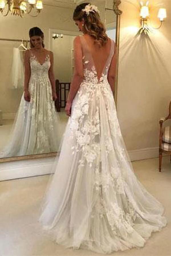 Fabulous Tulle A-line V-neck Floor Length Lace Wedding Dresses With Appliques KPW0134