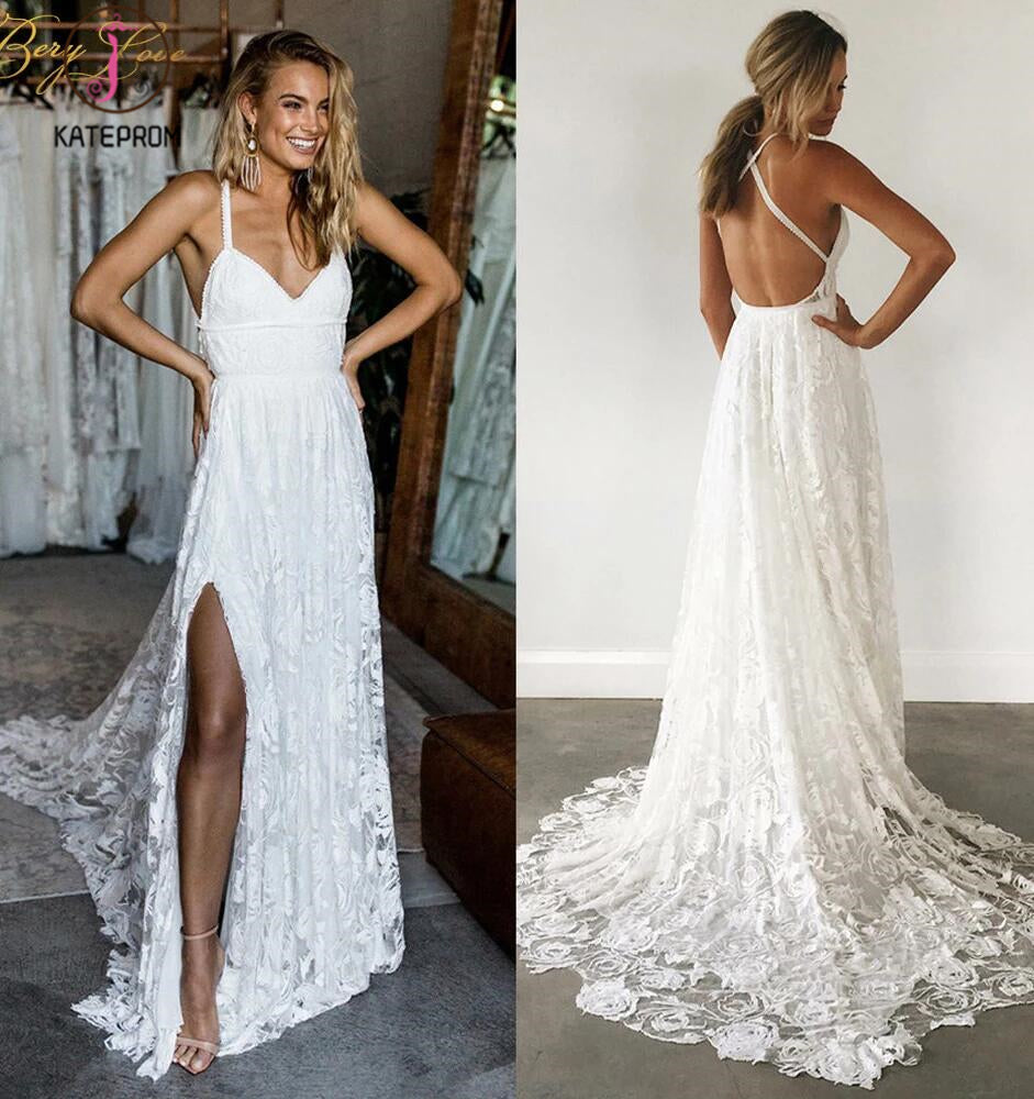 Straps Long Lace Wedding Dresses, Charming Lace Beach Wedding Dresses KPW0461