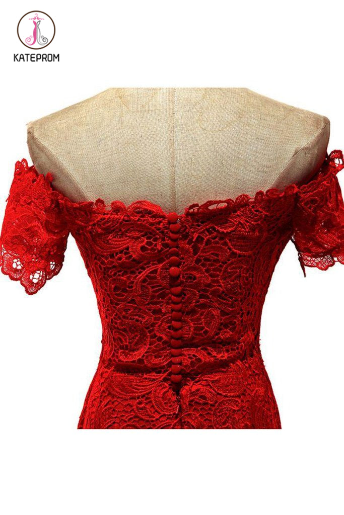 Red Off the Shoulder Mermaid Lace Prom Dresses, Sweep Train Long Evening Dresses KPP0565