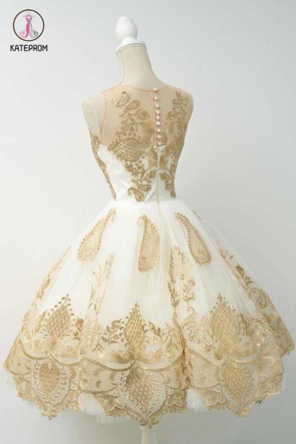 Junior Popular Gold Applique Short Tulle Homecoming Dresses,A-line Short Prom Dresses KPH0169