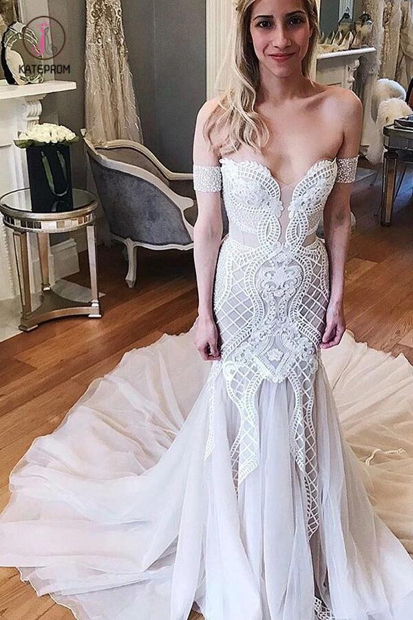 Gorgeous Mermaid Off-the-Shoulder Chapel Train Ivory Tulle Wedding Dress Appliques KPW0314