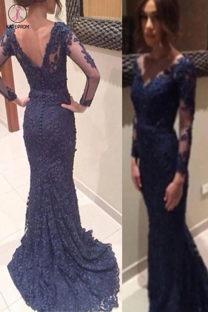 New Arrival Dark Navy Lace Mermaid Long Prom Dress KPP0094