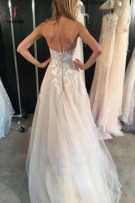 Ivory Strapless Tulle Long Beach Wedding Dresses, Sexy Lace Appliqued Bridal Dress KPW0519