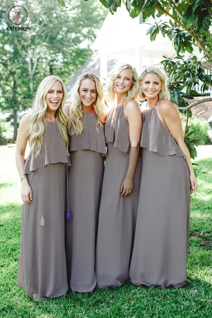Trendy Light Slate Gray Spaghetti Straps Long Chiffon Bridesmaid Dresses with Fringe KPB0075