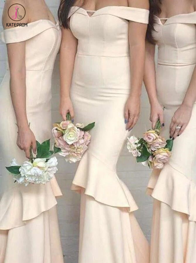 Glamorous Beige Mermaid Off-the-Shoulder Long Bridesmaid Dress with Ruffles KPB0079