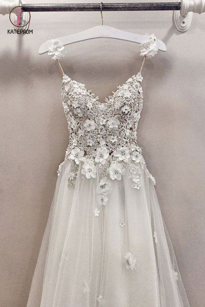 A Line Spaghetti Straps Cute V Neck Floor Length Tulle Prom Dress with Flowers KPP0460