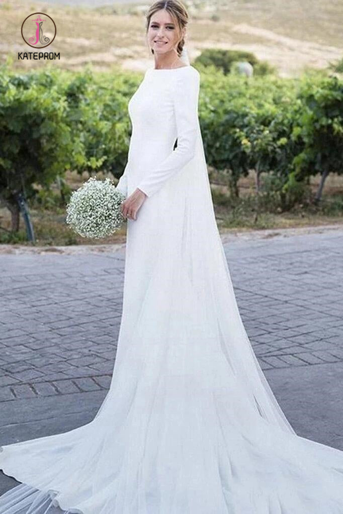 Long Sleeve Sheath Wedding Dresses Simple Modest Long Country Wedding Dress KPW0450