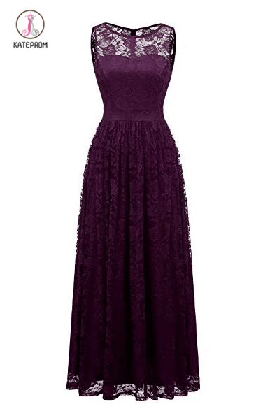 Purple Sleeveless Lace Bridesmaid Dresses, Floor Length Lace Prom Dresses KPB0187