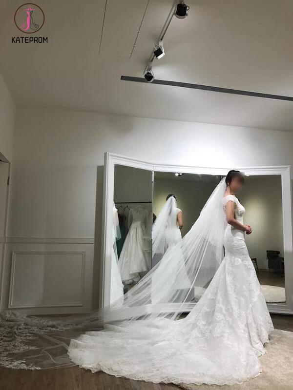 White Cap Sleeves Mermaid Court Train Tulle Wedding Dress with Lace Applique KPW0105