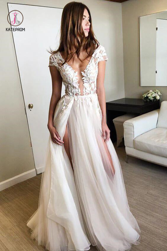 Cap Sleeve Deep V-neck Prom Gown With Appliques,Sexy Split Tulle Wedding Dresses KPW0004