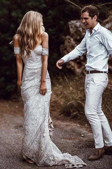 Mermaid Lace Sweetheart Elegant Bridal Long Wedding Dresses, Boho Bridal Dress KPW0137