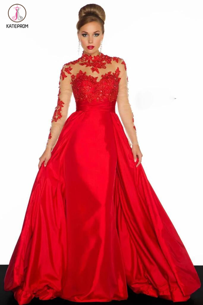 Long Sleeves Red A-Line Prom Dresses Evening Dress KPP0082