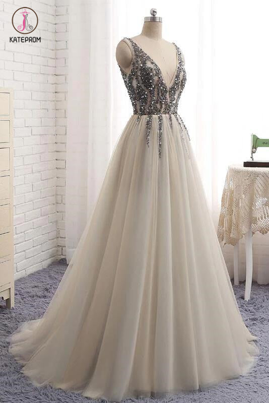 Sexy Deep V-neck Bling Sleeveless Tulle Prom Dress with Sequins,Formal Dresses KPP0251