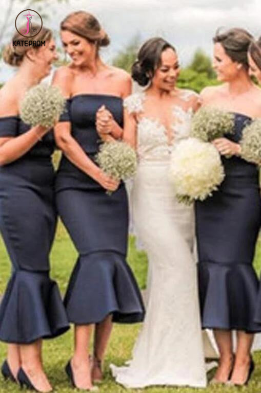 Elegant Navy Blue Off the Shoulder Mermaid Tea Length Bridesmaid Dresses with Ruffles KPB0161