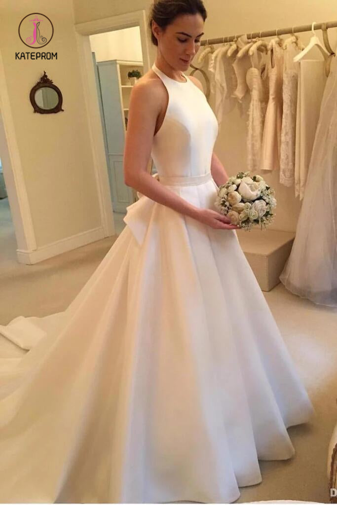 A Line Halter Satin Wedding Dress, Simple Backless Sleeveless Bridal Dress with Bow KPW0326