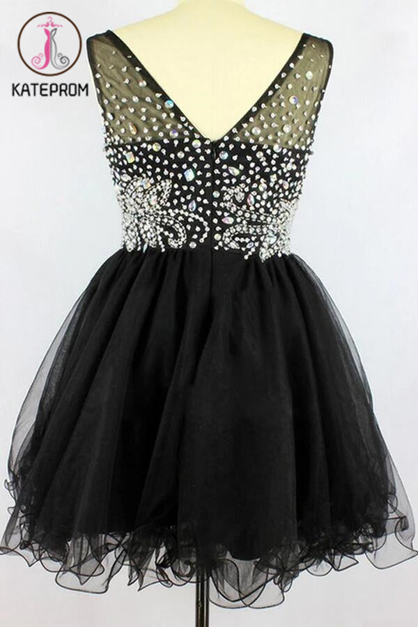 Black V-neck Sleevelesss Beading Prom Dresses Homecoming Dresses KPH0089