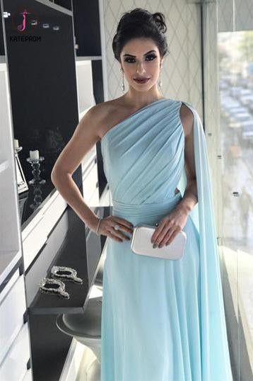 Light Blue One Shoulder Chiffon Formal Dresses Pleats Sheer Illusion Back Prom Gown KPP0466