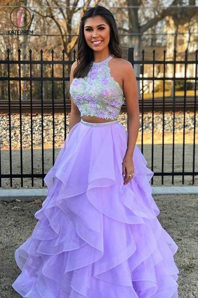 Two Pieces A-Line Lace Top Open Back Organza Sleeveless Prom Dresses, Evening Dress KPP0613