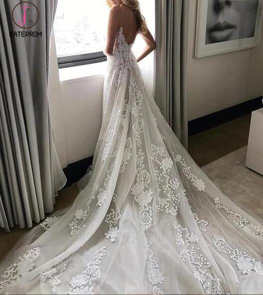 Deep V neck Wedding Dress,Lace Wedding Dress,Spaghetti Straps Beach Wedding Dress KPW0031