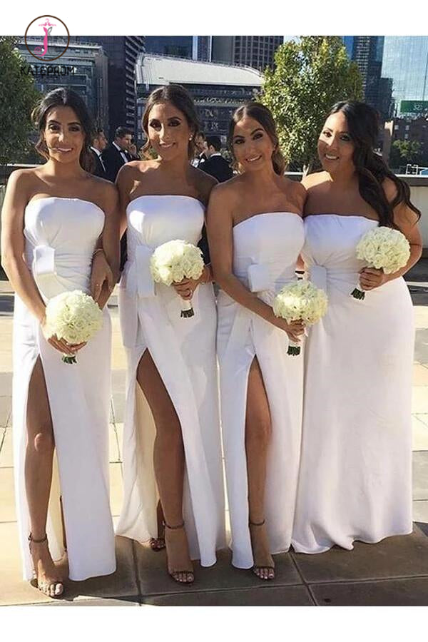 Simple White Side Slit Strapless Long Bridesmaid Dresses, Floor Length Bridesmaid Dress KPB0159