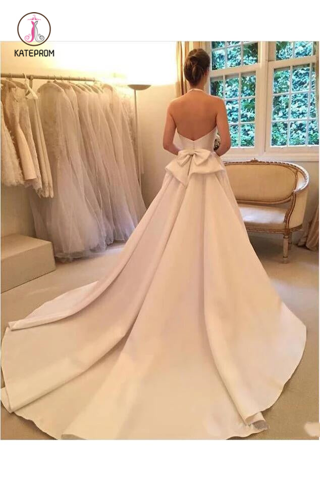 A Line Halter Satin Wedding Dress, Simple Backless Sleeveless Bridal Dress with Bow KPW0326