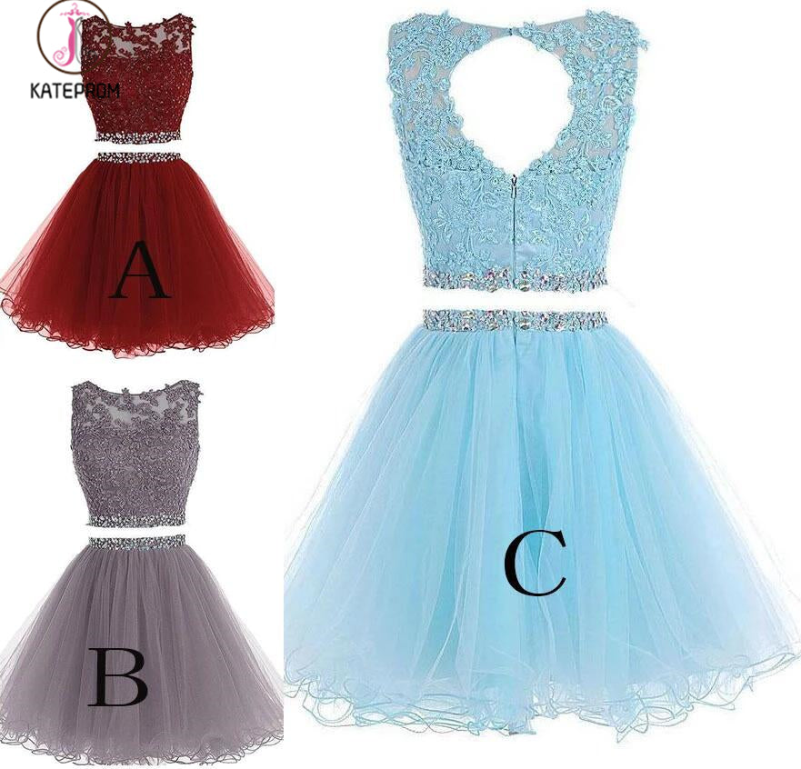 Two Piece Homecoming Dresses,A-line Tulle Appliqued Homecoming Gown with Beads KPH0110