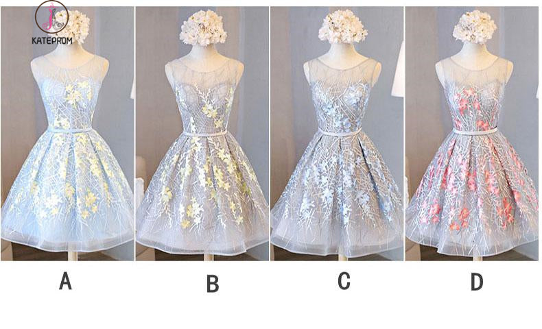 Appliqued A line Tulle Lace Short Prom dress,Sleeveless Homecoming Dresses with Belt KPH0233