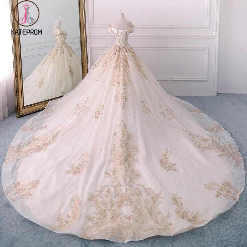 Gorgeous Off the Shoulder Ball Gown Wedding Dress, Long Appliques Bridal Dress KPW0322