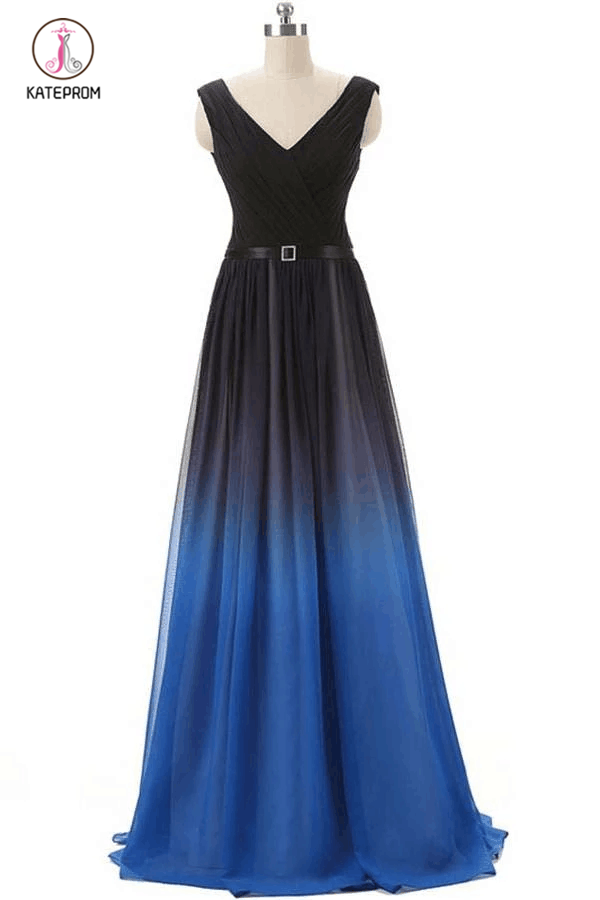 A line Royal Blue Prom Dress,Black And Royal Blue Gradient Ombre Chiffon Prom Dress KPP0206