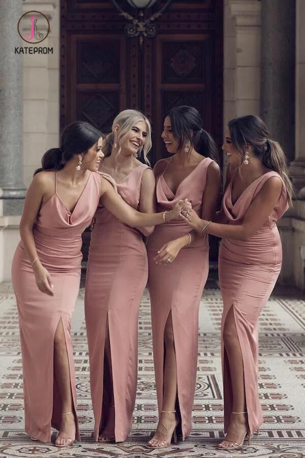 Charming Cowl Neck Split Long Bridesmaid Dresses, Floor Length Sexy Bridesmaid Gown KPB0163
