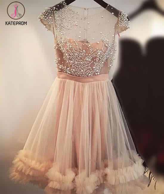 Fashion A-Line Jewel Cap Sleeves Tulle Short Homecoming Dress,Beading Short Prom Dress KPH0189