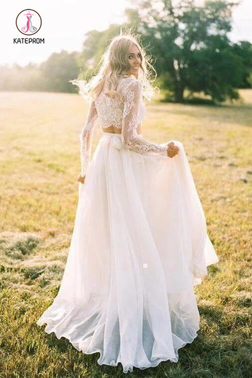 Romantic Two Piece Long Sleeves Wedding Dress with Lace, A Line Ivory Chiffon Bridal Dress KPW0515