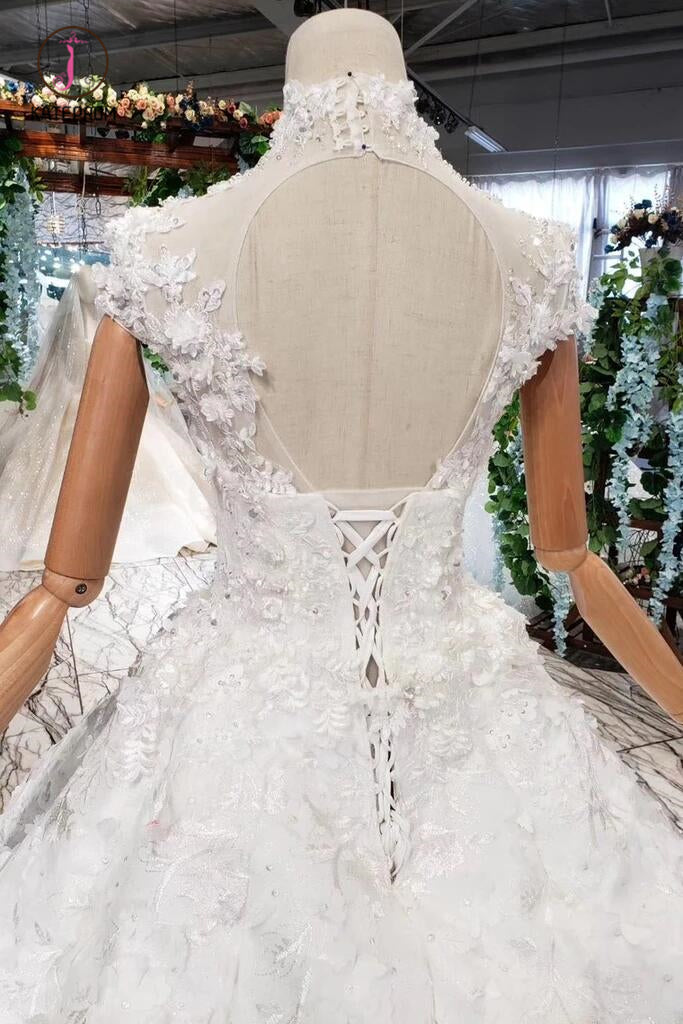 Gorgeous High Neck Ball Gown Lace Wedding Dress, Long Big Wedding Gown with Sequins KPW0346