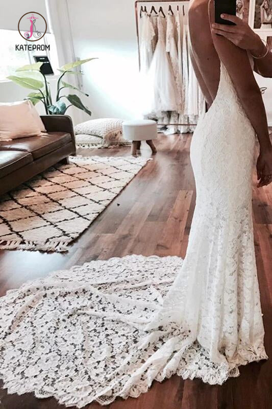 Sexy Mermaid Spaghetti Straps Backless Beach Lace Wedding Dress, Lace Bridal Dress KPW0294