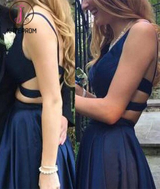 Dark Blue Two Pieces Prom Dress,V Neck Evening Dress,Open Back Party Dress,Formal Dresses KPP0170