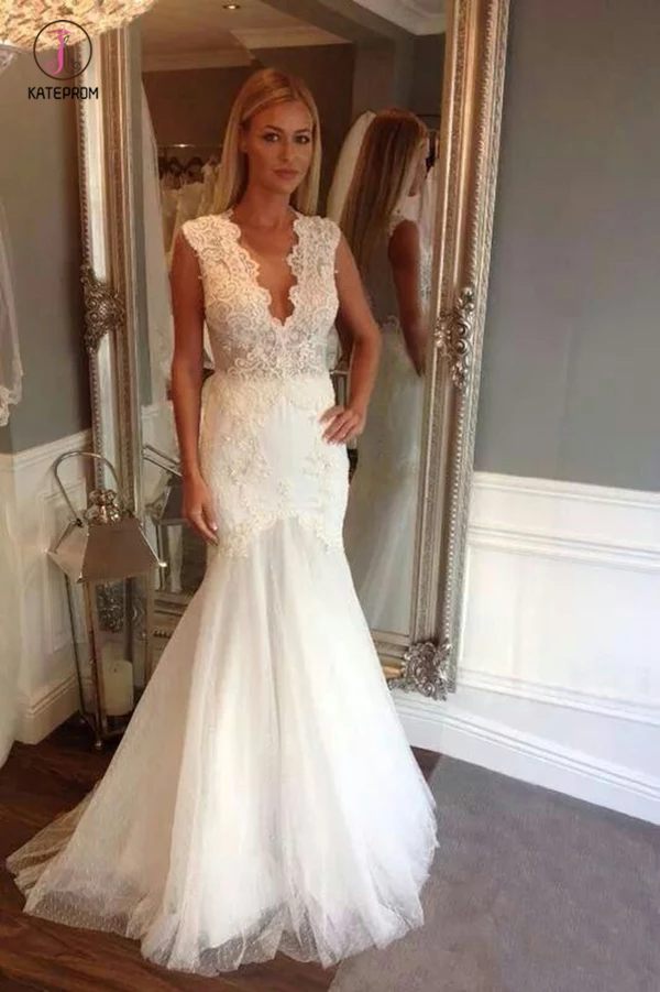 Ivory V Neck Sleeveless Mermaid Wedding Dress, Long Tulle Bridal Dress with Appliques KPW0212