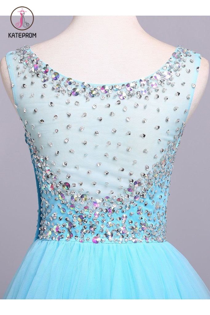 Blue Scoop Sleeveless Tulle Prom Dress with Sequins, Floor Length Puffy Evening Dress KPP0567