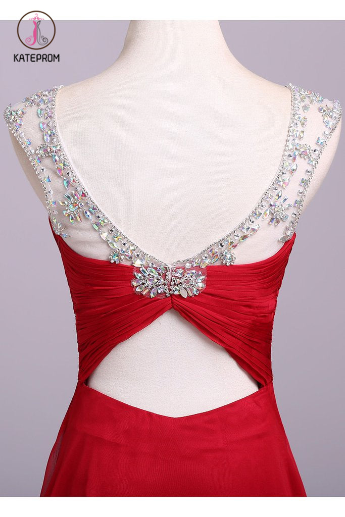 Red Floor Length Chiffon Prom Dress with Crystals, A Line Pleated Evening Dress KPP0568