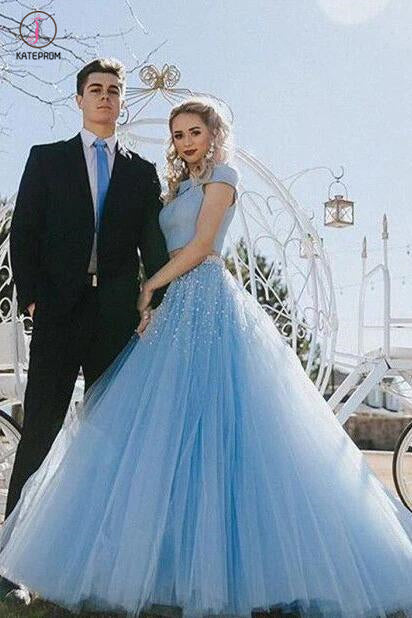 Two Piece A-line Off the Shoulder Open Back Light Blue Long Prom Dress with Beads KPP0441