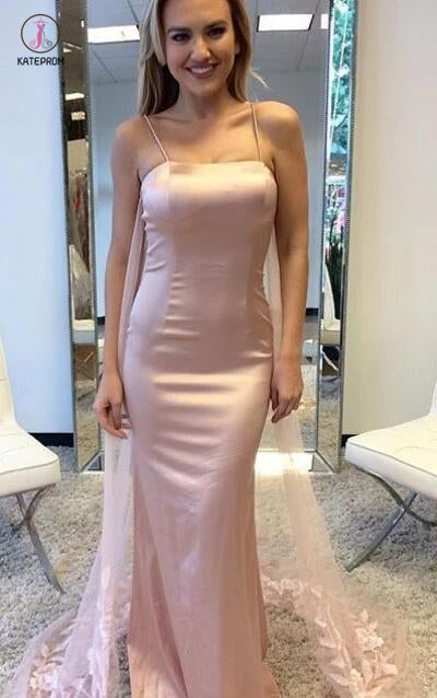Spaghetti Straps Splendid Pink Sleeveless Applique Mermaid Long Prom Dresses KPP0354